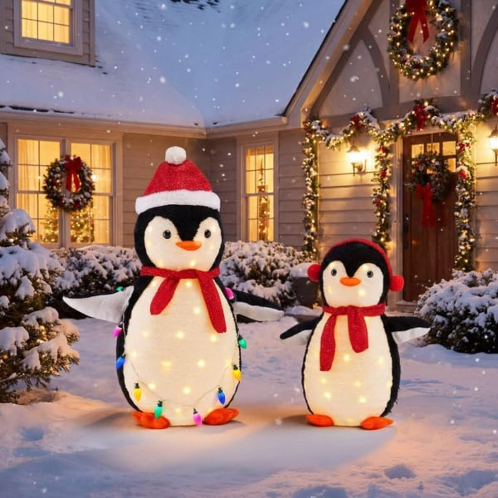 DUMOS 2-Piece Lighted Penguin Family Lovely Outdoor Christmas Decoration, Pop up Holiday Decor with 150 LED Lights for Yard, Garden, Storefront, White&Blue