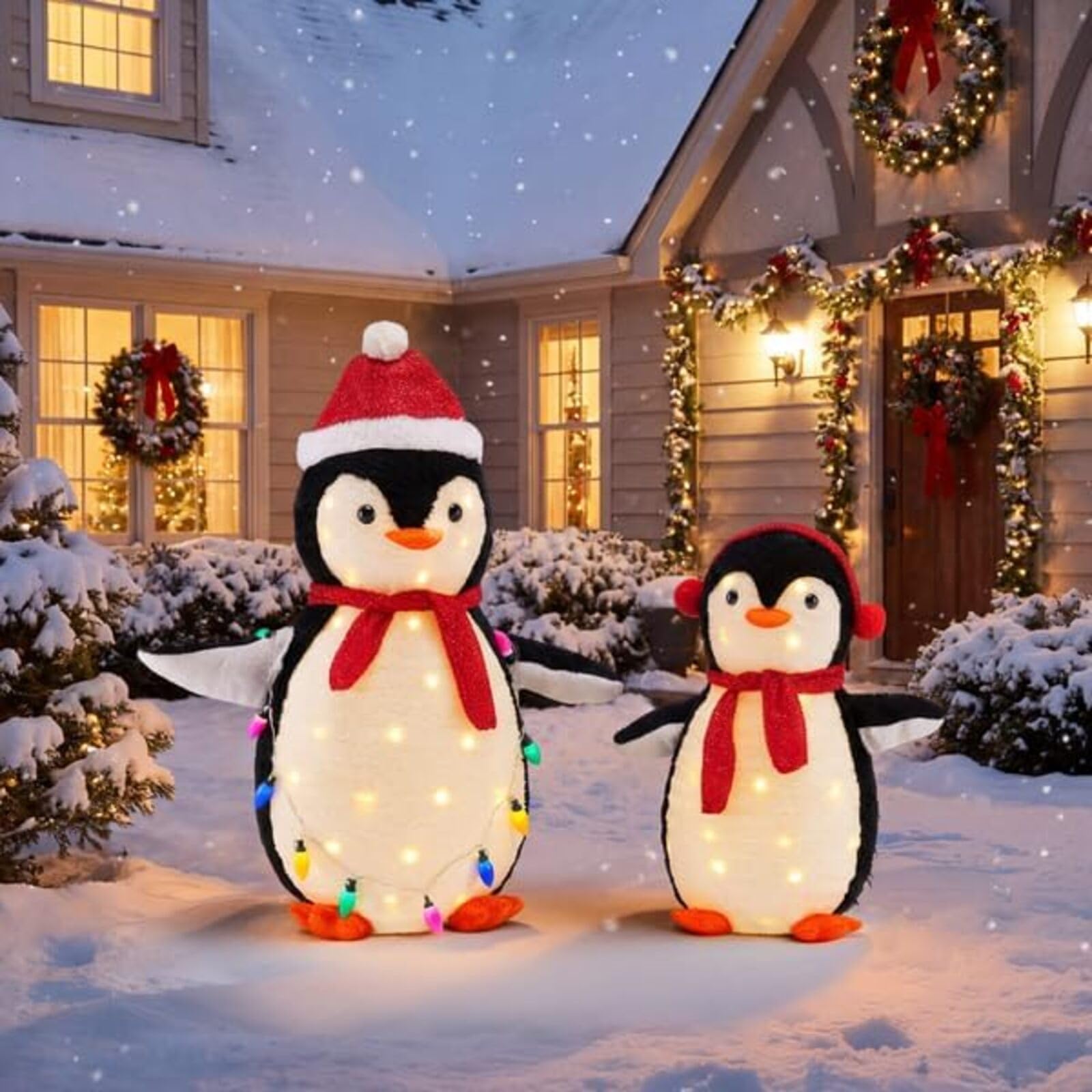 DUMOS 2-Piece Lighted Penguin Family Lovely Outdoor Christmas Decoration, Pop up Holiday Decor with 150 LED Lights for Yard, Garden, Storefront, White&Blue
