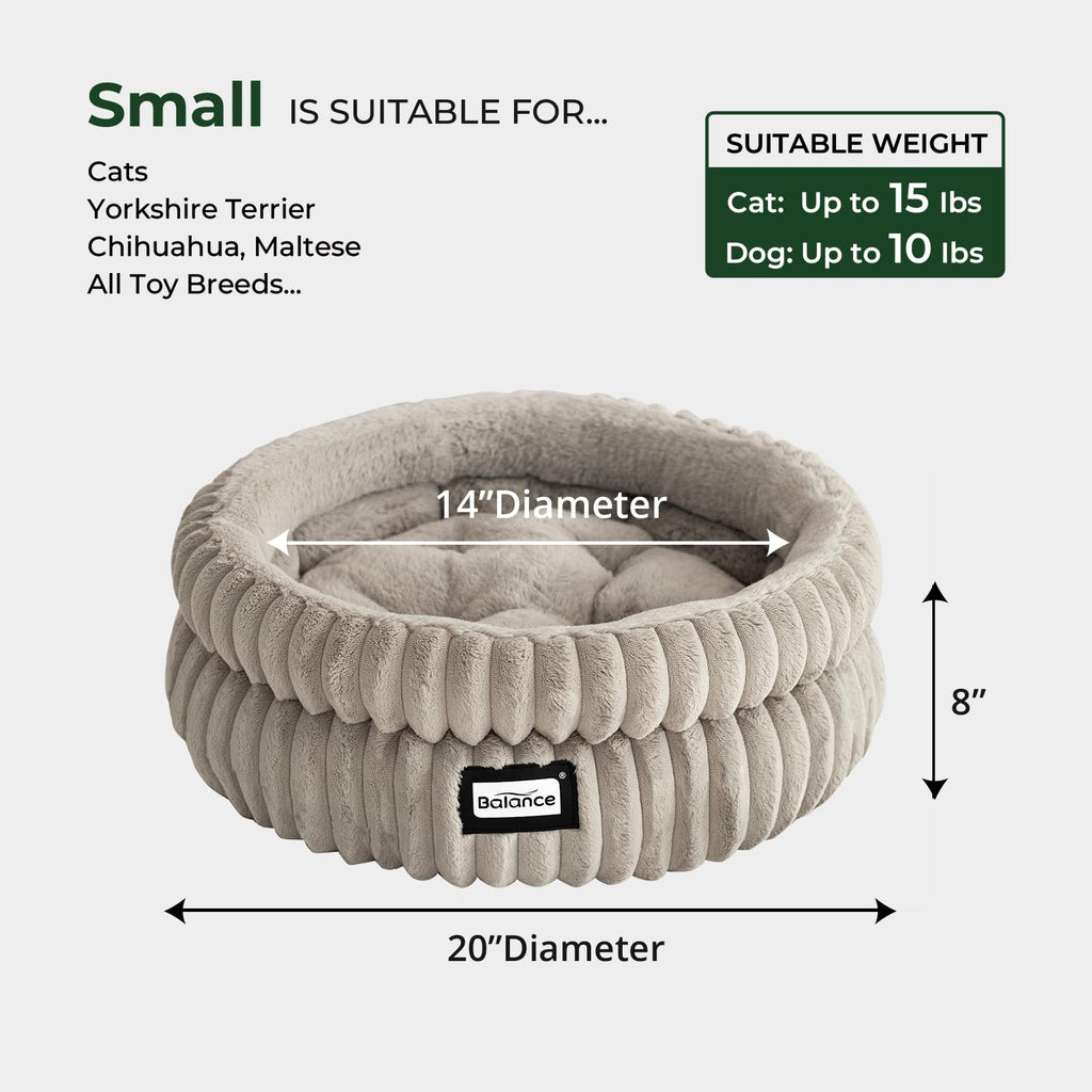 BALANCE Cat Bed Kitten Bed, Washable Round Cat Beds for Indoor Cats, Super Soft Plush Faux Fur Pet Bed for Puppy and Kitten with Anti-Slip Bottom
