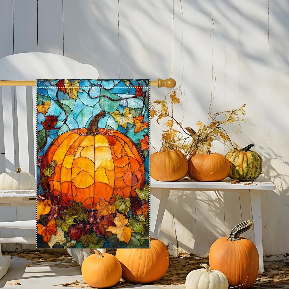 Fall Garden Flag For Outdoor Decor Thanksgiving Garden Flags Autumn Stained Glass Pumpkin Maple Leaf Double Sided Small Burlap Outside Porch Lawn Yard Flags Decorations 12.5x18 Inch
