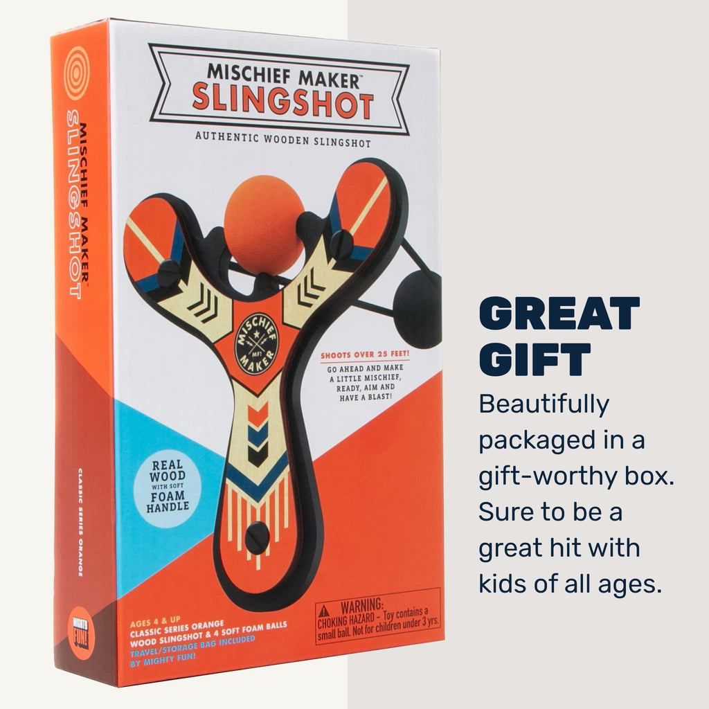 Mighty Fun! - Mischief Maker® Wooden Slingshot - Classic Series - Real Wood Slingshot for Kids, 4 Soft Foam Balls and Storage Bag - Ages 4+ (red)