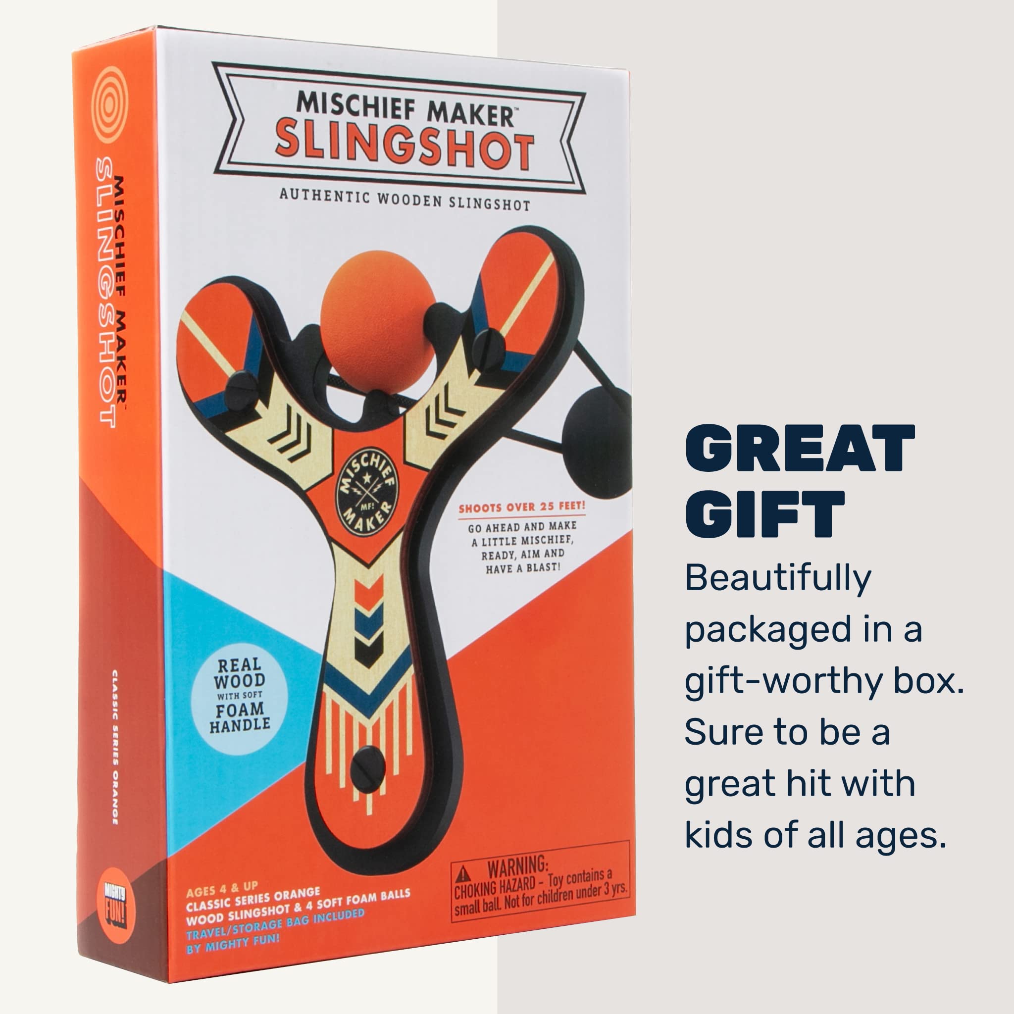Mighty Fun! - Mischief Maker® Wooden Slingshot - Classic Series - Real Wood Slingshot for Kids, 4 Soft Foam Balls and Storage Bag - Ages 4+ (red)