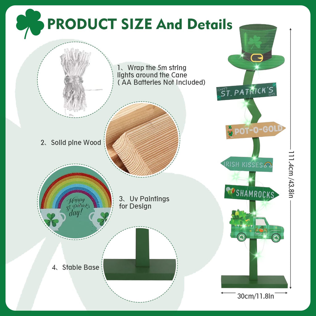 43.8" Lighted Wooden St. Patrick's Day Porch Sign Leprechaun Hat Shamrock Irish Train Standing Signs With Base For Indoor Outdoor Yard Decor