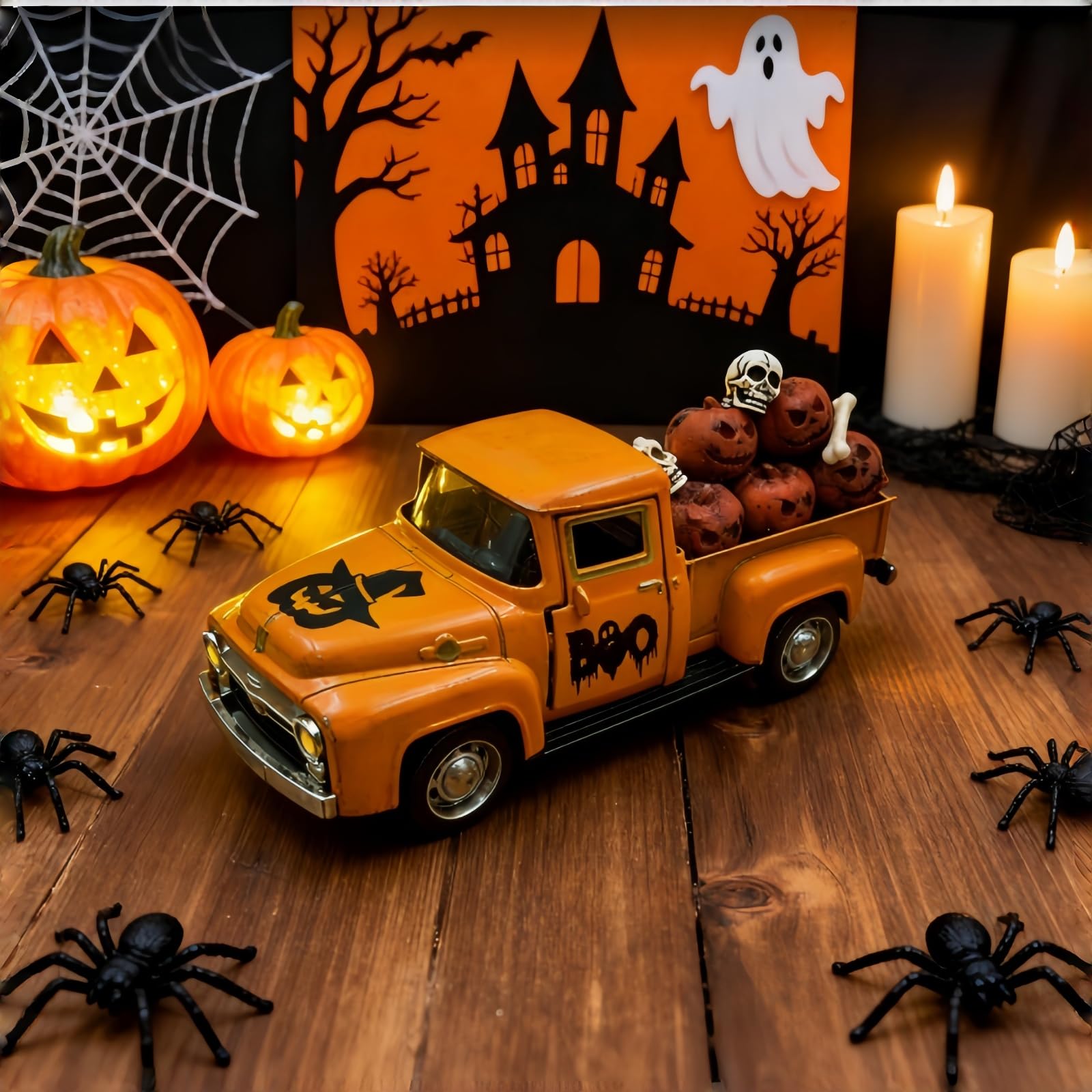 Thanksgiving Fall Decorations Indoor Farmhouse Vintage Metal Truck with Mini Fake Pumpkins Acorn Pine Cones Harvest Decor for Fall Tiered Tray Thanksgiving Centerpieces for Table Home Kitchen Party
