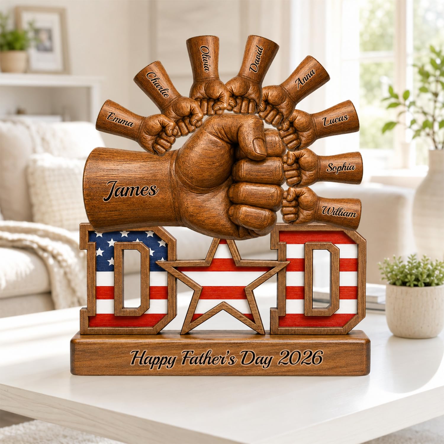 Personalized Fist Bump Dad and Kids Name Wooden Plaque, Custom Fathers Day Plaque for Dad Grandpa, Customized Sign Decorations for Daddy, Grandpa, Heartfelt Father's Day Birthday Gifts for Husband