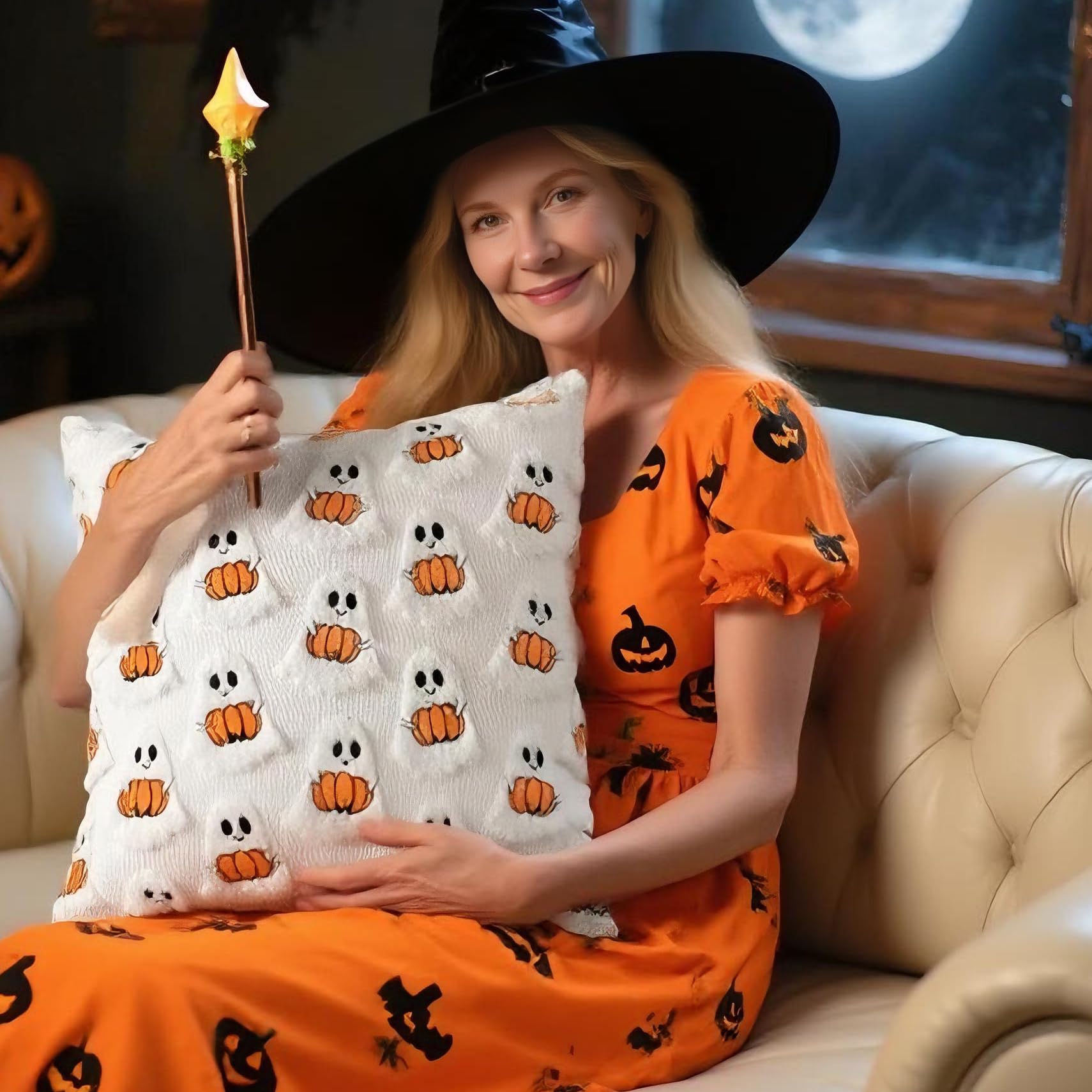 Halloween Decor Throw Pillow Covers Set of 2-18x18 Inches Ivory Cute Ghost Hugging Pumpkin, Plush Soft for Spooky Season & Cozy Fall Decor