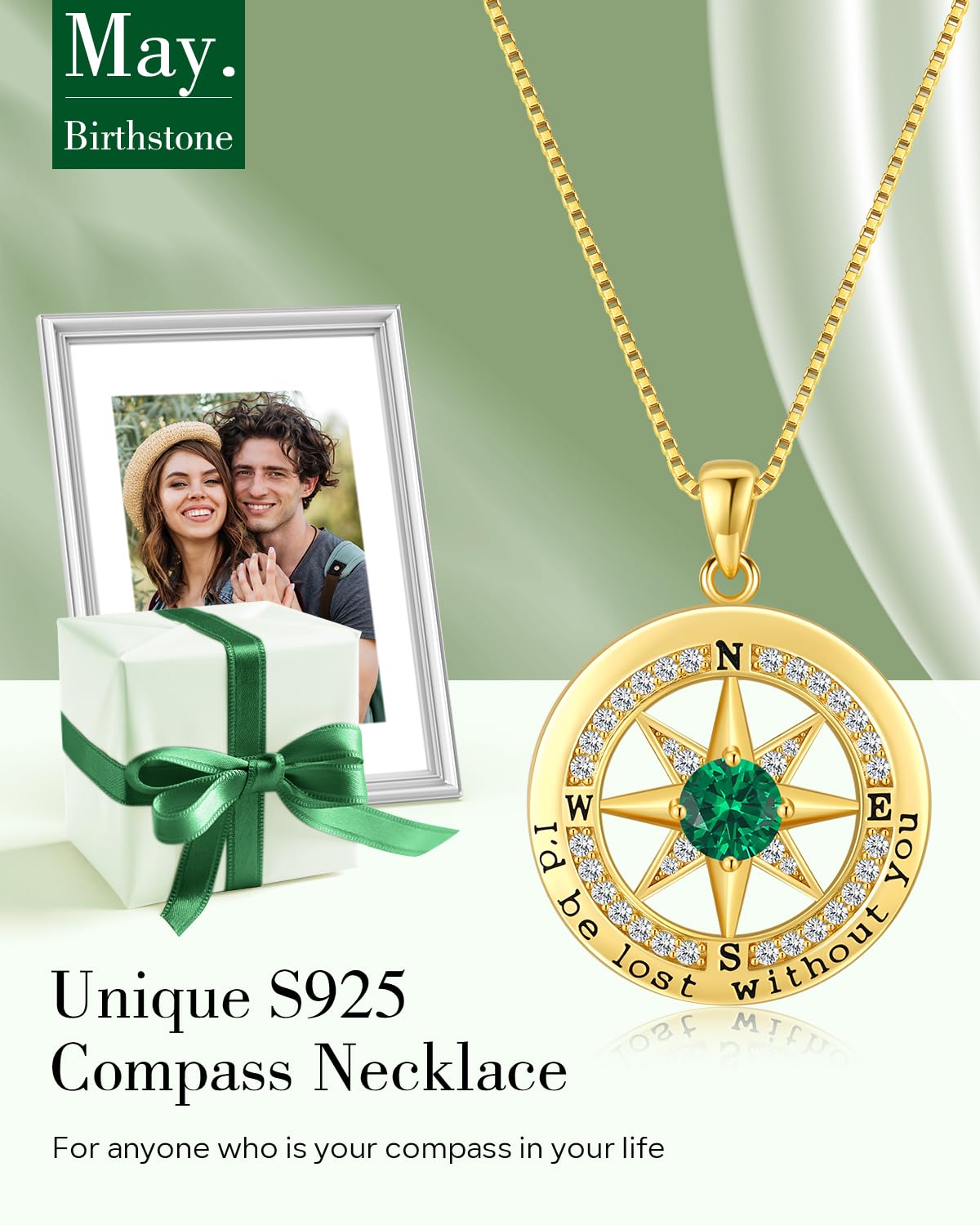 S925 Necklace Gift for Wife |Compass Jewelry |Women Anniversary |Sterling Silver |Girlfriend Birthday Gifts for Her Valentines |I'd be Lost without You |Jewel 18K Gold