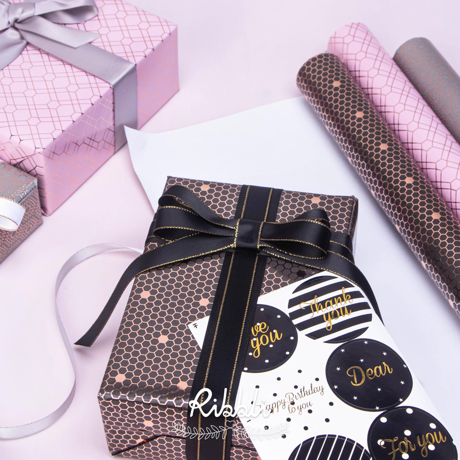 Ribbli Birthday Wrapping Paper Iridescent Gift Wrapping Paper Mini Roll, 3 Rolls Happy Birthday Polka Dots Stripes Printed Assortment - 17 inch x 120 inch(10feet) Per Roll