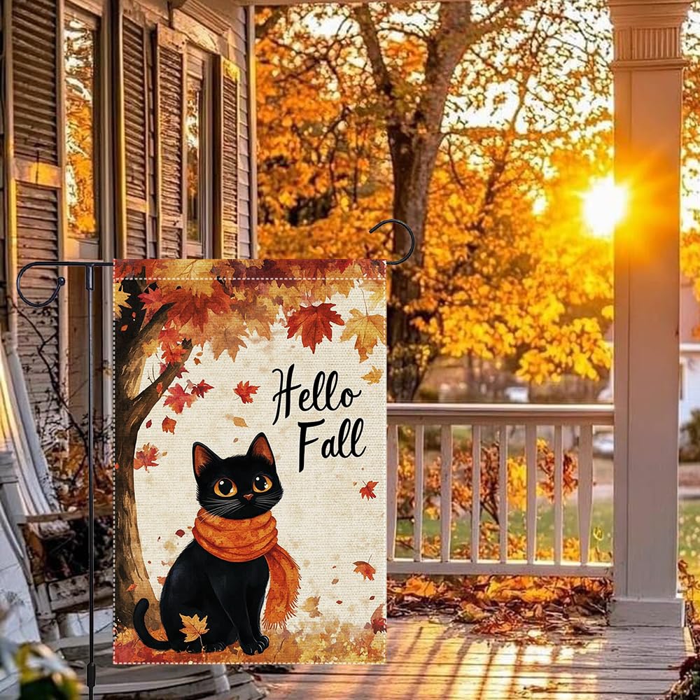 Hello Fall Garden Flag Cat Garden Flags 12x18 Inch Double Sided Vertical Autumn Farmhouse Home Decor Yard Lawn Outdoor Decorations