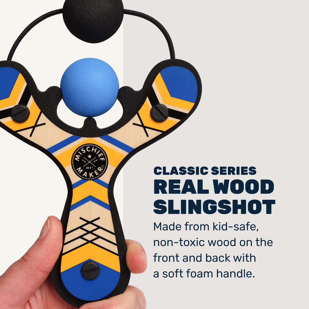 Mighty Fun! - Mischief Maker® Wooden Slingshot - Classic Series - Real Wood Slingshot for Kids, 4 Soft Foam Balls and Storage Bag - Ages 4+ (red)