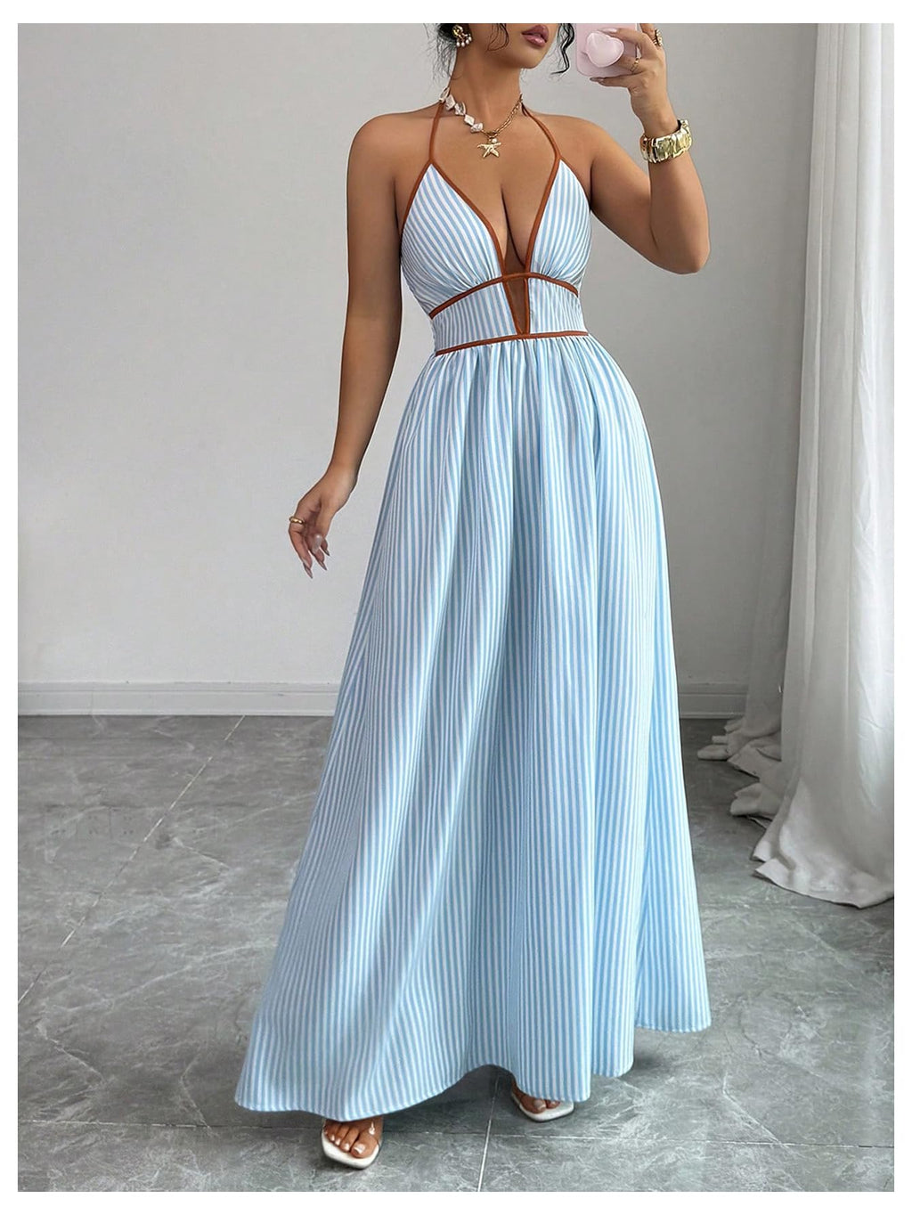 Floerns Women's Striped Halter Maxi Dress Backless Smocked Beach Vacation Boho Dress