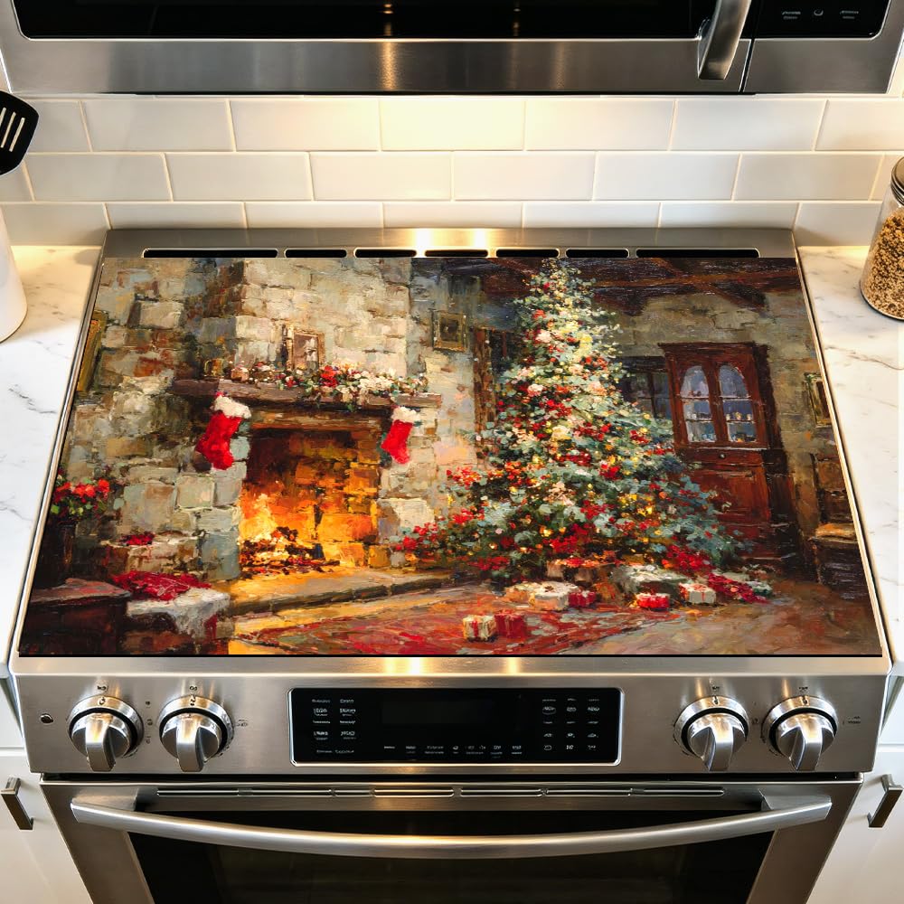 Stove Mat 28.35 x 20.47 Inch Christmas Fireplace and Tree Design Cozy Living Room Holiday Scene Decorative Kitchen Countertop Cover Reusable Flexible Mat for Gas Range Electric Stove Home Winter Décor