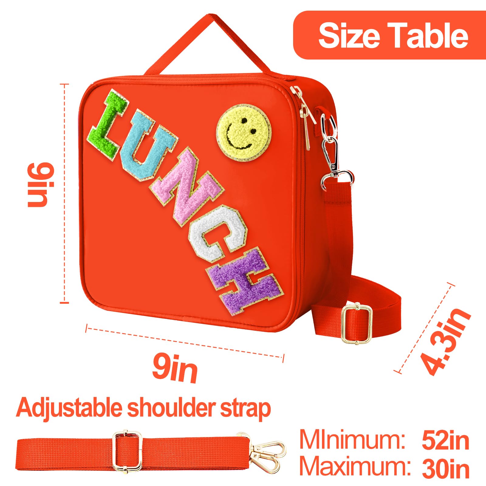 Insulated Lunch Bag With Adjustable Shoulder Strap, Nylon Preppy Lunch Box Large Insulated Lunch Bag Reusable Lunch Tote Bag with Smiley Preppy LunchBag for Girls School Travel Picnic (Purple)