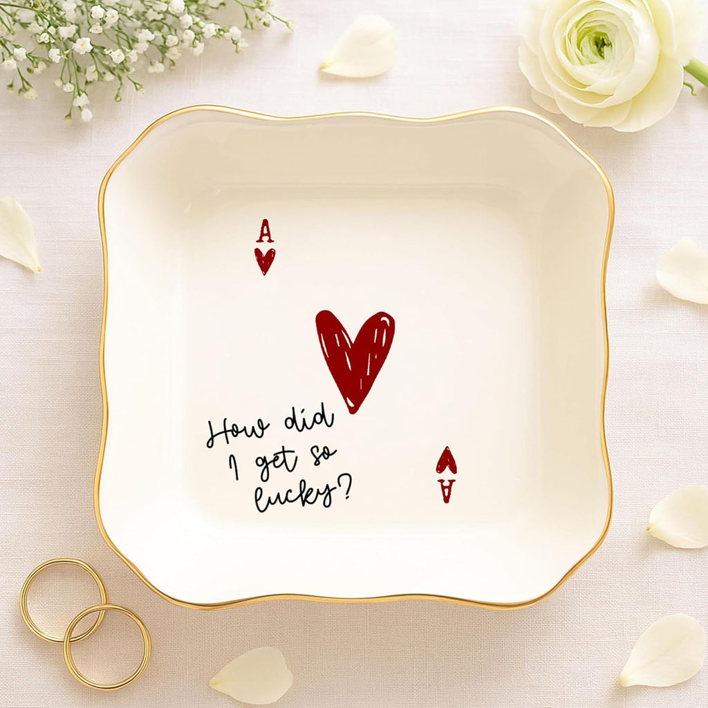 Funny Love Jewelry Dish with Heart Playing Card – “How Did I Get So Lucky?” Romantic Trinket Dish for Couples – Cute Anniversary, Valentine’s Day, Wedding Gift for Wife, Husband, Girlfriend, Boyfriend