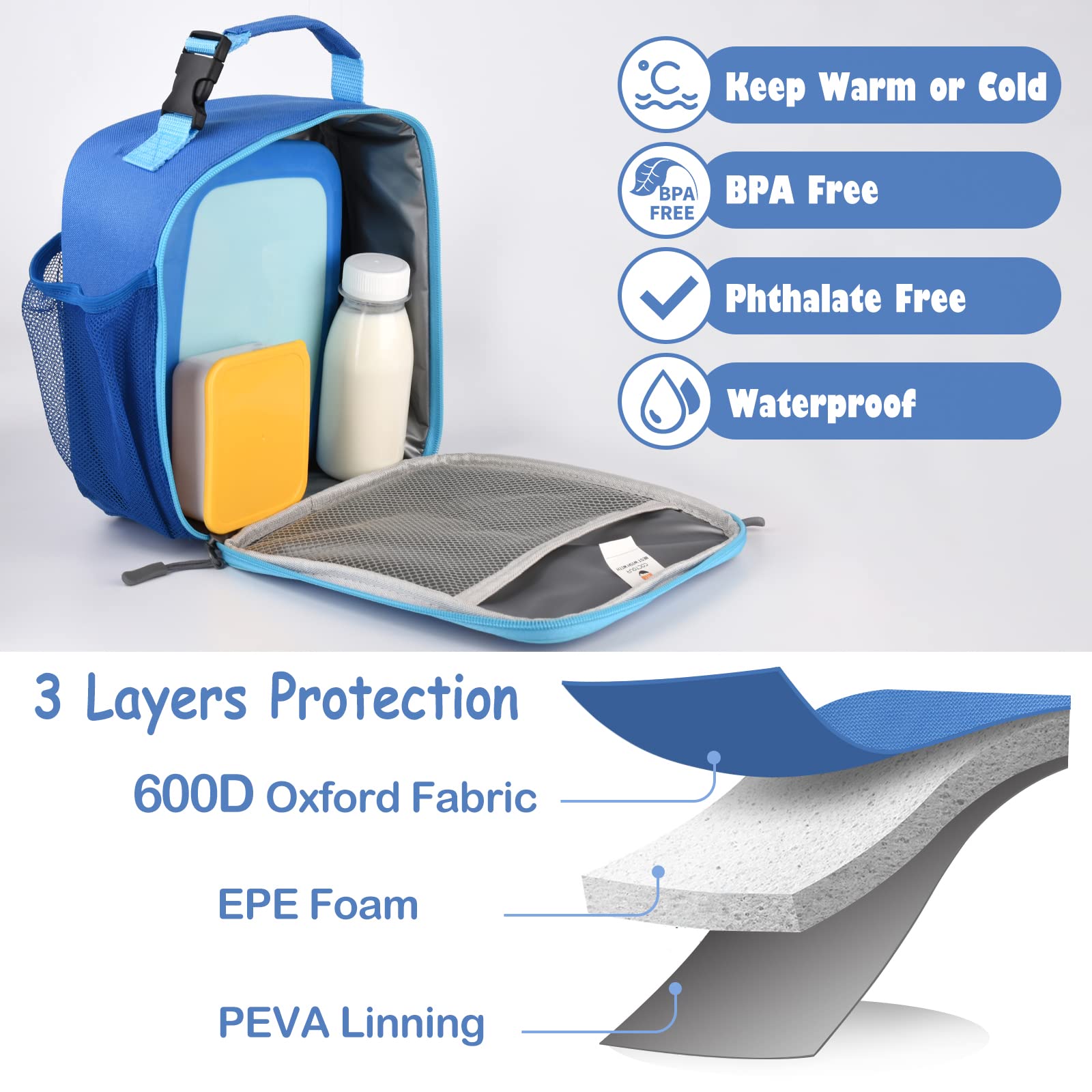 CaCTOUR Lunch Box Kids,Premium Insulated Lunchbox for Girls Boys,Soft Mini Cooler Bag Back to School Thermal Reusable Lunch Bag for Work School Picnic (Blue)