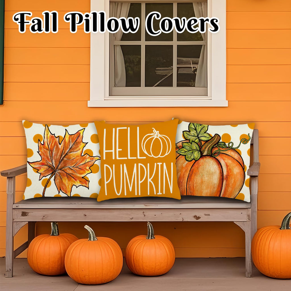 Fall Pillow Covers 18x18 Inch Autumn Pumpkin Maple Leaf Throw Pillowcase Orange Cushion Case for Thanksgiving Home Farmhouse Couch Sofa Bed Indoor Outdoor Decor (Set of 4)