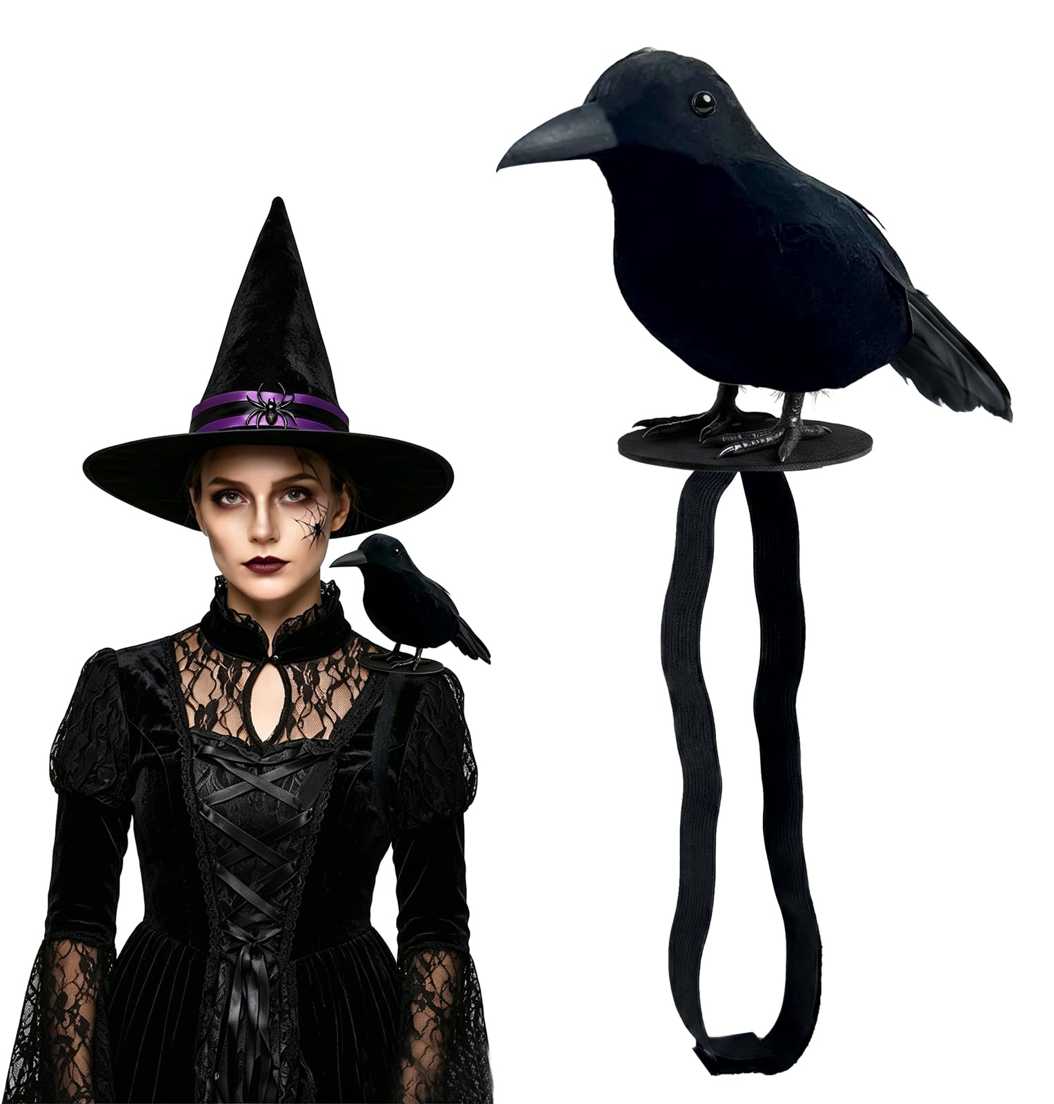 Black Feathered Crow Statue Crow on Shoulder with Elastic Strap for Outdoor Bird Props Halloween Cosplay Party