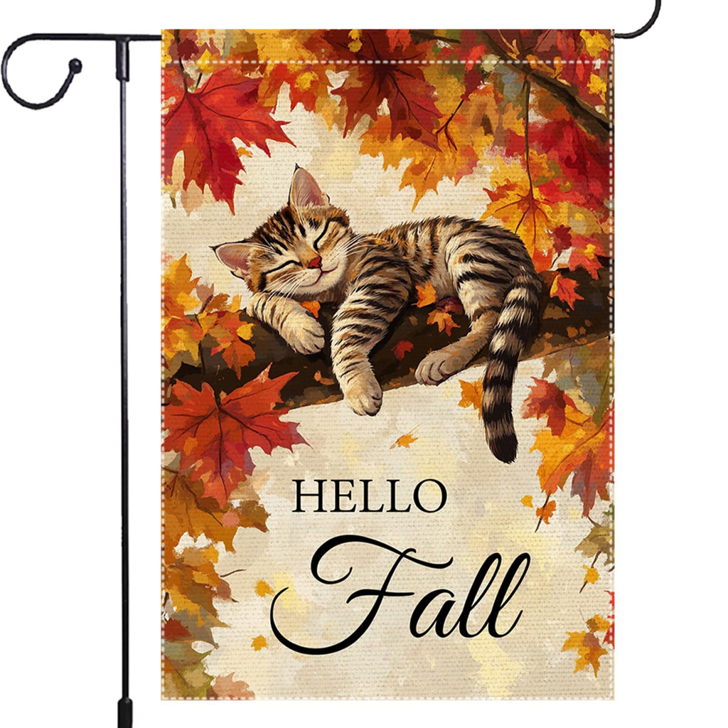 Hello Fall Garden Flag Cat Garden Flags 12x18 Inch Double Sided Vertical Autumn Farmhouse Home Decor Yard Lawn Outdoor Decorations