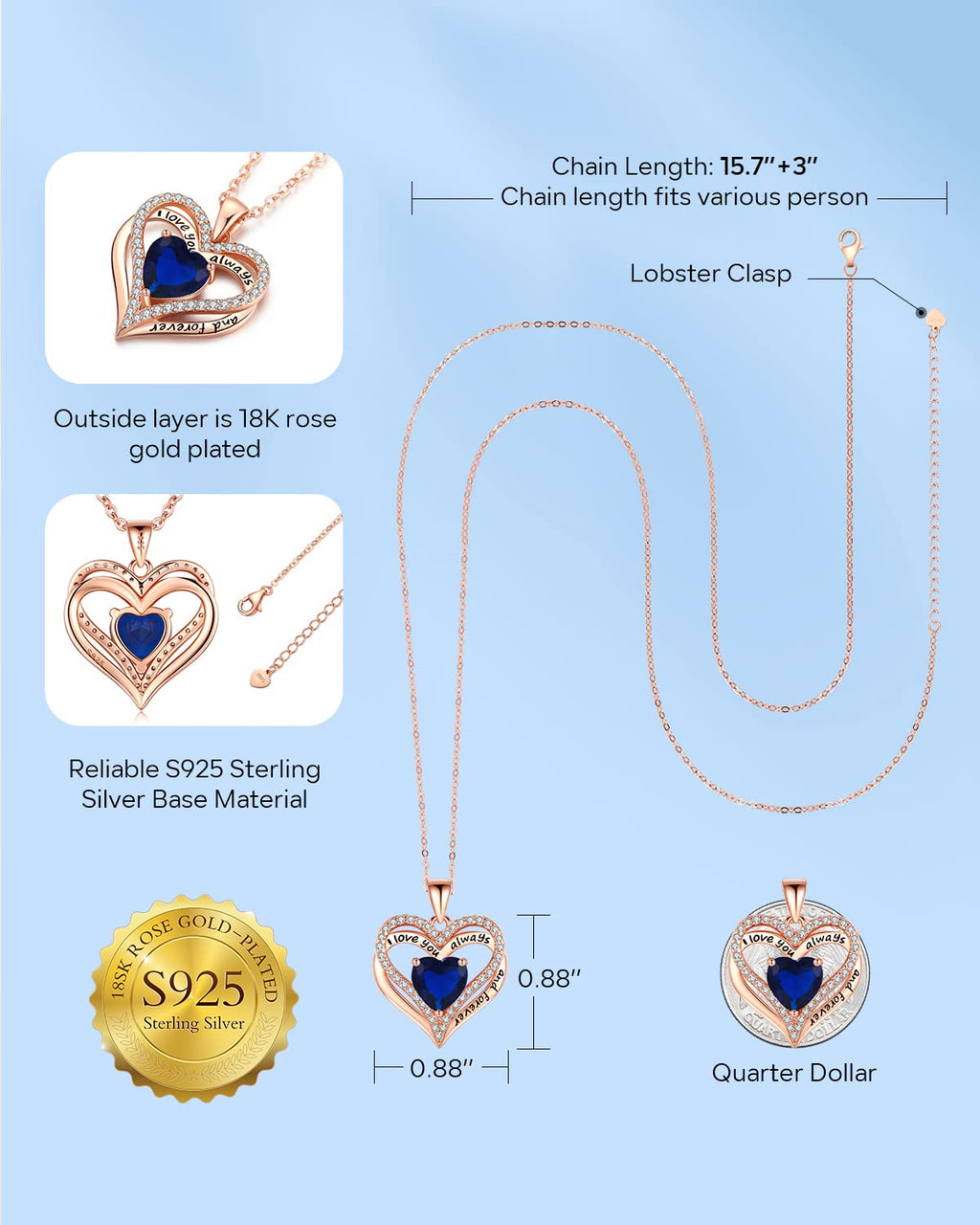 S925 Sterling Silver Necklace for Women, Wife Jewelry Rose Gold, Mom Birthday Valentines Mothers Day Gifts, Girlfriend Necklaces, Daughter Heart Jewel, Anniversary for Her