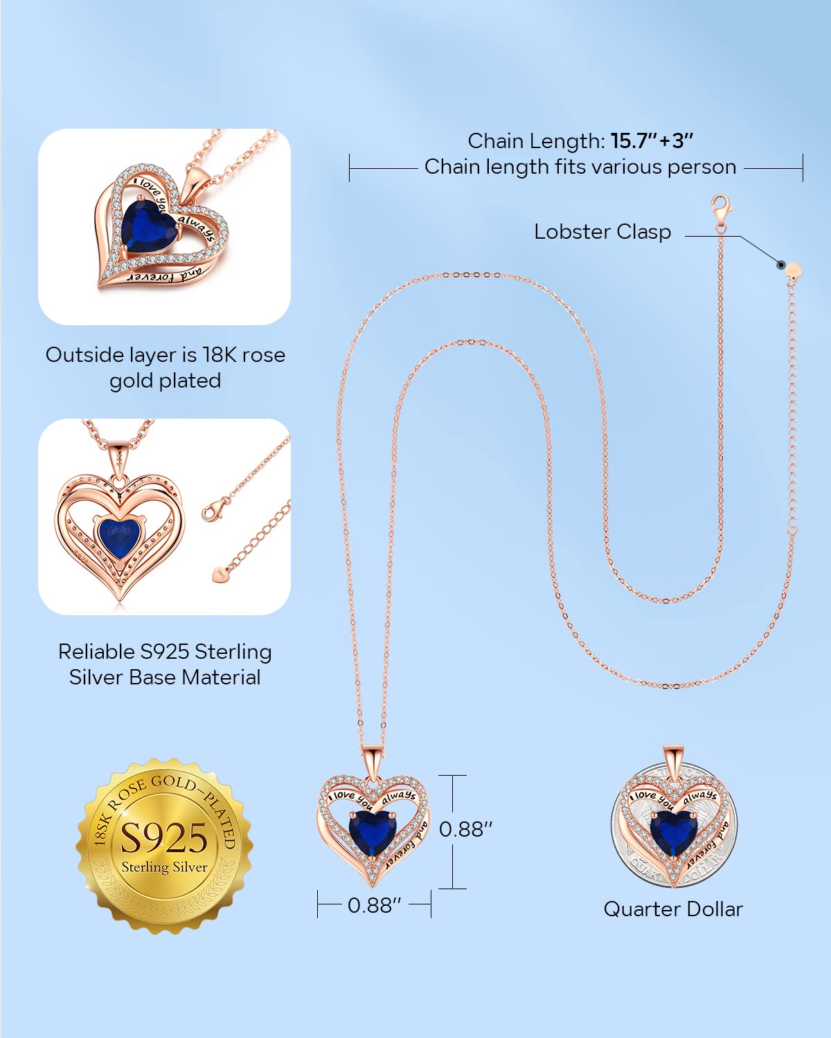 S925 Sterling Silver Necklace for Women, Wife Jewelry Rose Gold, Mom Birthday Valentines Mothers Day Gifts, Girlfriend Necklaces, Daughter Heart Jewel, Anniversary for Her
