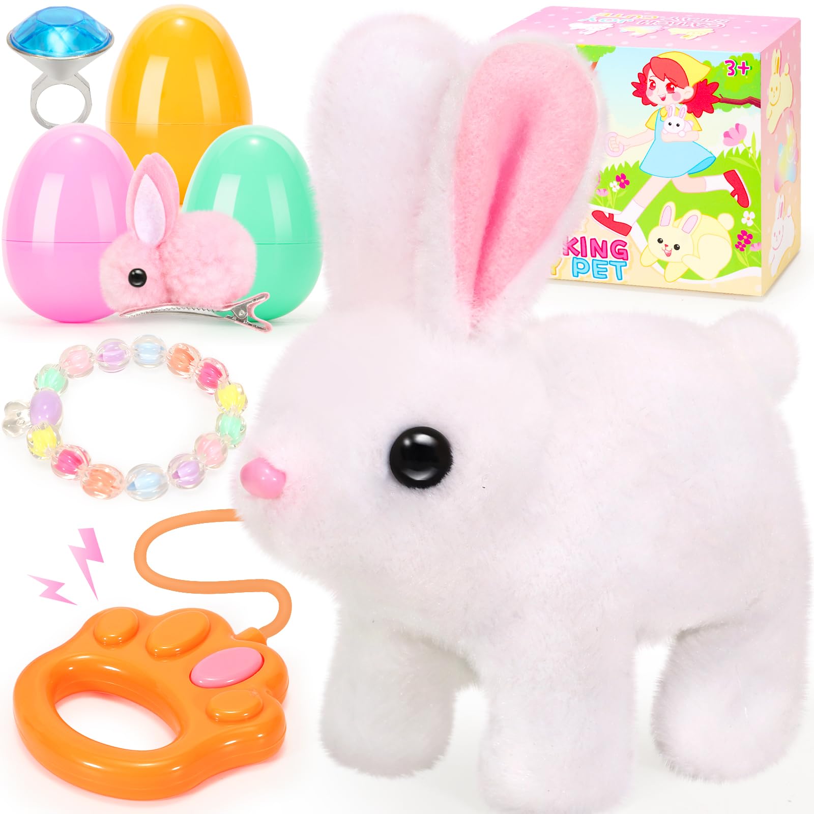 CatchCute Easter Plush Bunny Toys for Kids,Interactive Bunny with Sounds,Can Walk,Wag Tail and Twitch Nose with Remote Control Leash,Easter Eggs with Pull Back Cars,Easter Birthday Gift for Toddlers