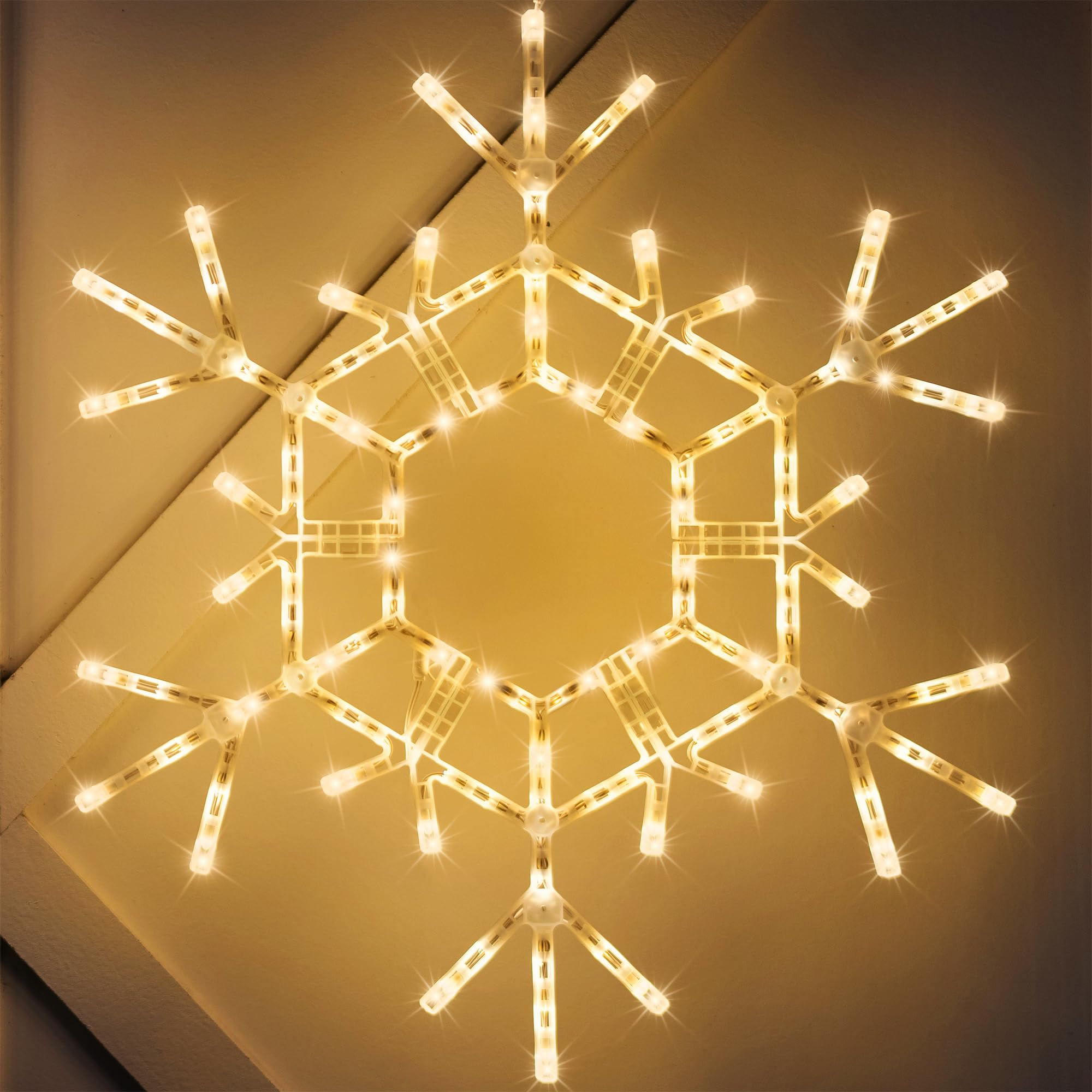 Kringle Traditions Christmas Snowflake Lights Outdoor, 105 LED 36" Folding Warm White Snowflake Hanging Light, Weather-Resistant Christmas Decoration for Yard, Window, Porch, or Eave