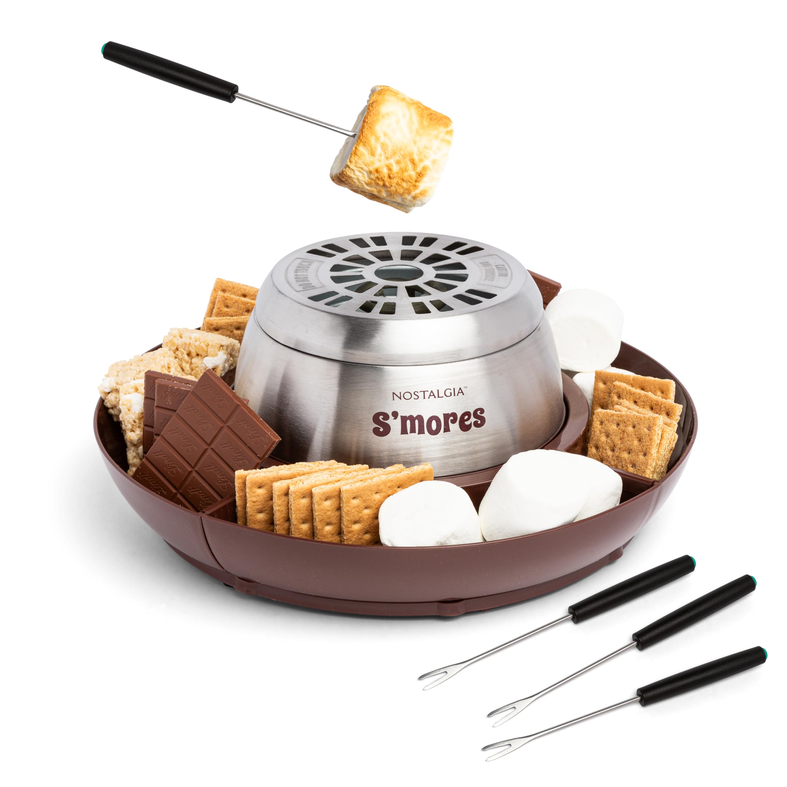 Nostalgia Tabletop Indoor Electric S'mores Maker - Smores Kit With Marshmallow Roasting Sticks and 4 Trays for Graham Crackers, Chocolate, and Marshmallows - Movie Night Supplies - Brown