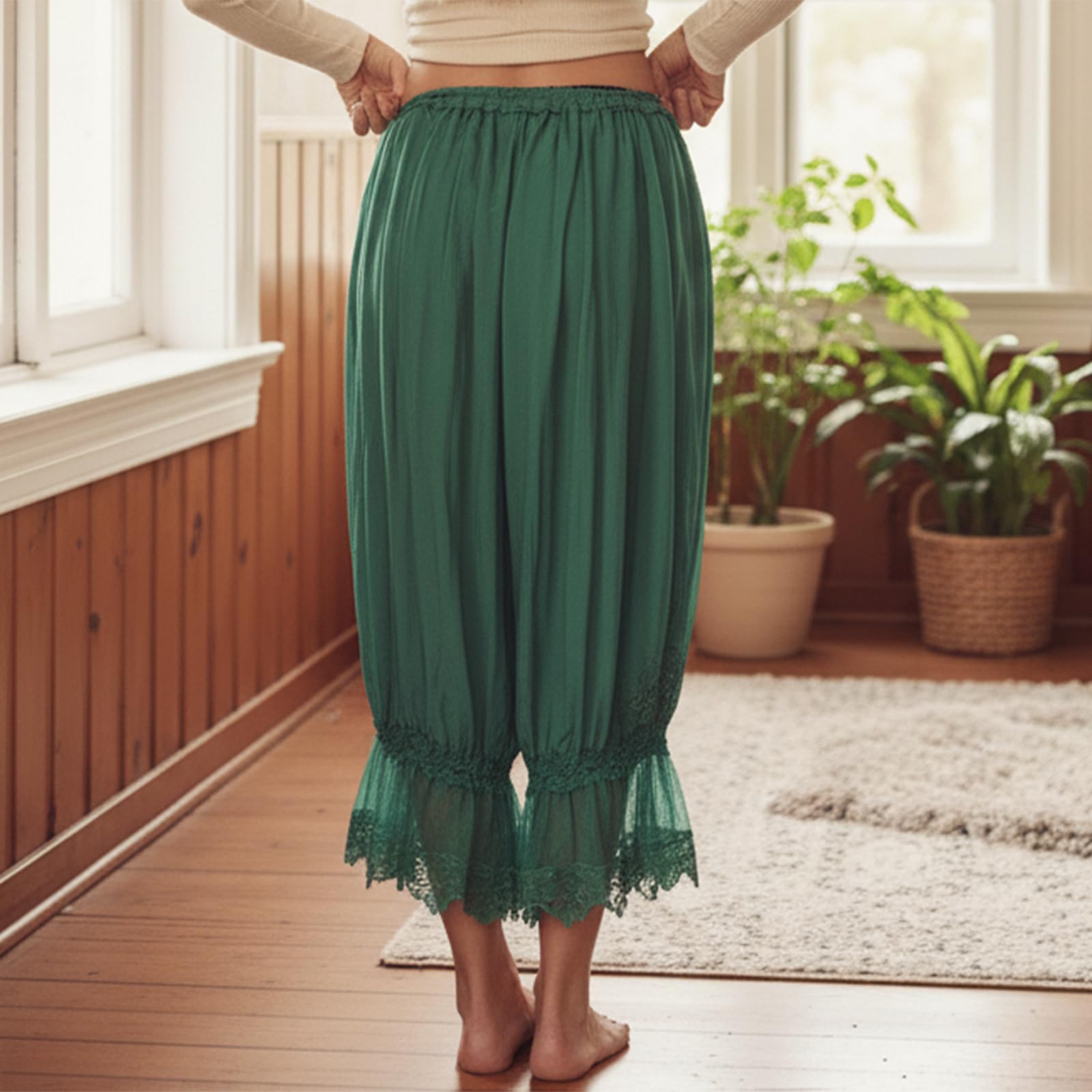 Women Bloomers Pants Y2K Flare Lace Trim Vintage Pantaloons Cute Ruffled Pumpkin Pants Capri Pajama Bottoms