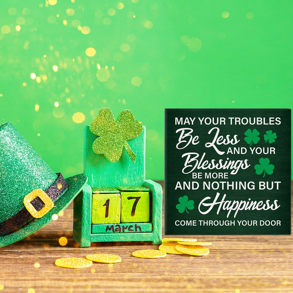 Dumyum St. Patrick's Day Decorative Sign, Wooden, 5 Inches x 5 Inches, Green, Rustic, Tabletop or Wall Mount