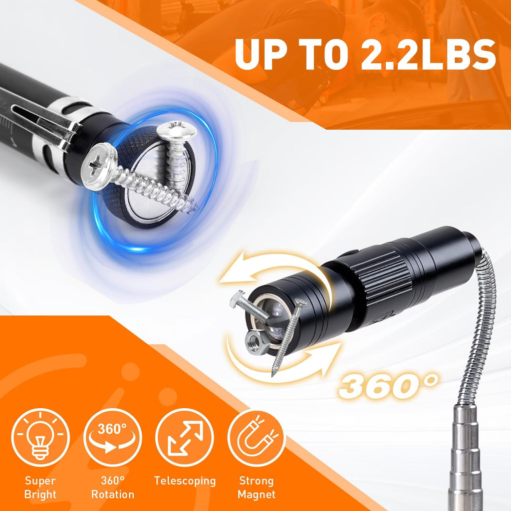 Telescoping Magnetic Pickup Tool Set with 1 & 15 lb Pick Up Sticks, Round and Square Adjustable Inspection Mirror and Flexible LED Flashlight, Fathers Day Dad Gifts for Men, Dad, Husband
