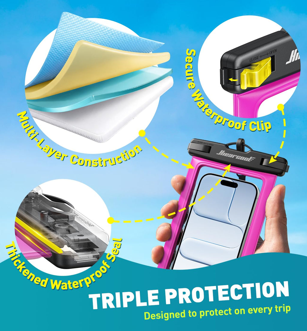 Hiearcool Waterproof Phone Pouch, IPX8 Waterproof Phone Case for iPhone 17/16/15/14 Pro Max, Cell Phone Dry Bag for Beach & Cruise Essentials, Touch Screen, Lanyard Included, 2 Pack (Fits Up to 8.9”)