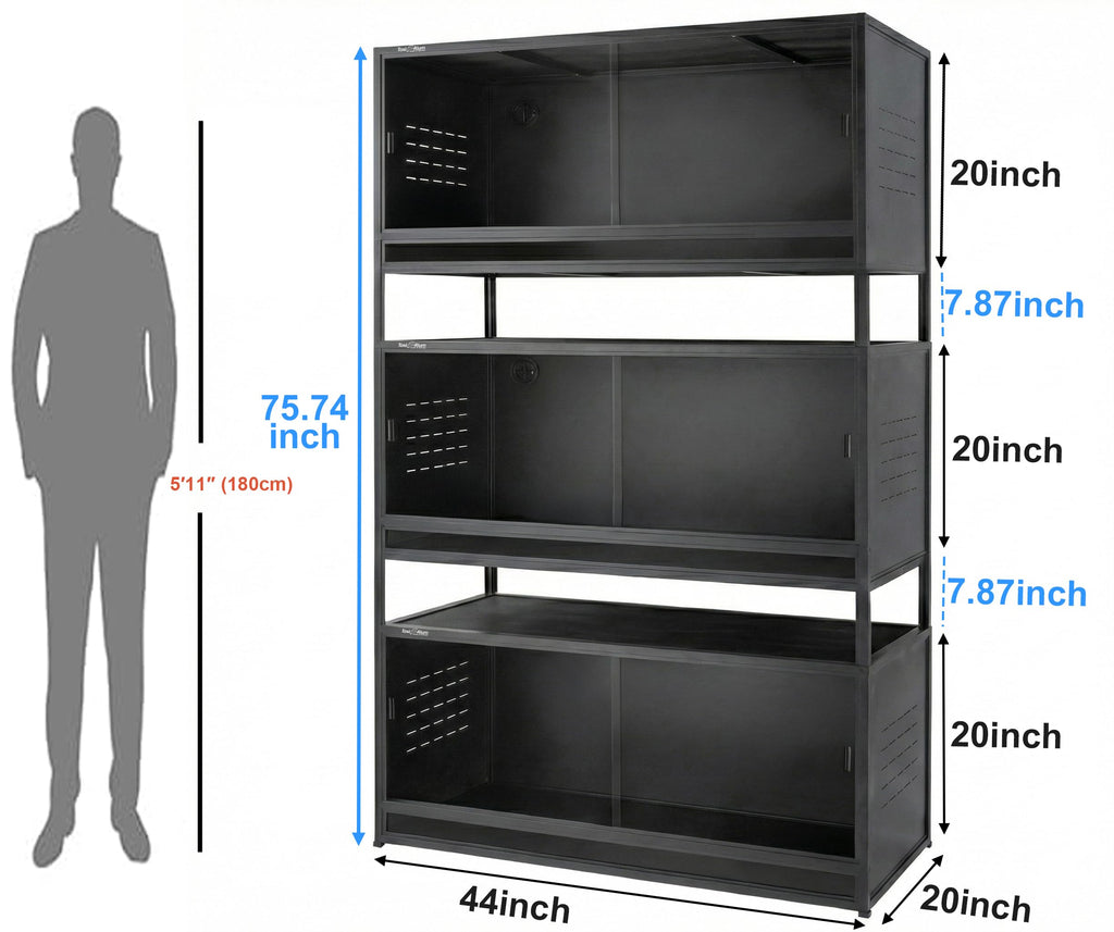 PVC Reptile Enclosure 3 Tier 40"x16"x16" with Spacers, 44 Gallon Reptile Tank Habitat, Space Saving Stackable Reptile Terrarium for Bearded Dragon Gecko Snake Lizard, Sliding Glass Doors Lock