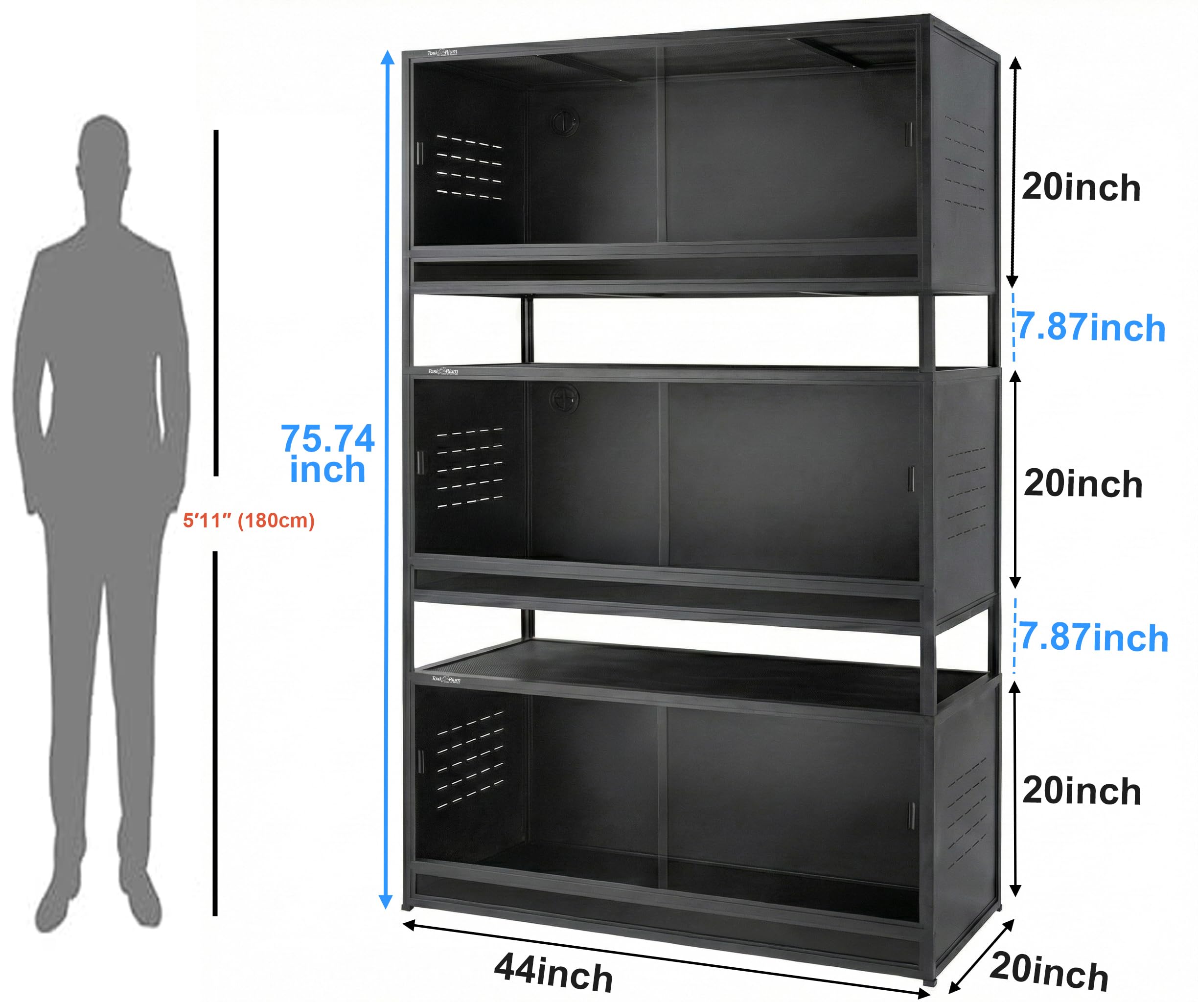 PVC Reptile Enclosure 3 Tier 40"x16"x16" with Spacers, 44 Gallon Reptile Tank Habitat, Space Saving Stackable Reptile Terrarium for Bearded Dragon Gecko Snake Lizard, Sliding Glass Doors Lock