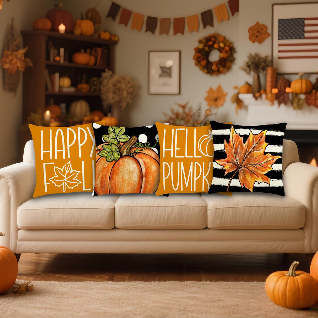 Fall Pillow Covers 18x18 Inch Autumn Pumpkin Maple Leaf Throw Pillowcase Orange Cushion Case for Thanksgiving Home Farmhouse Couch Sofa Bed Indoor Outdoor Decor (Set of 4)