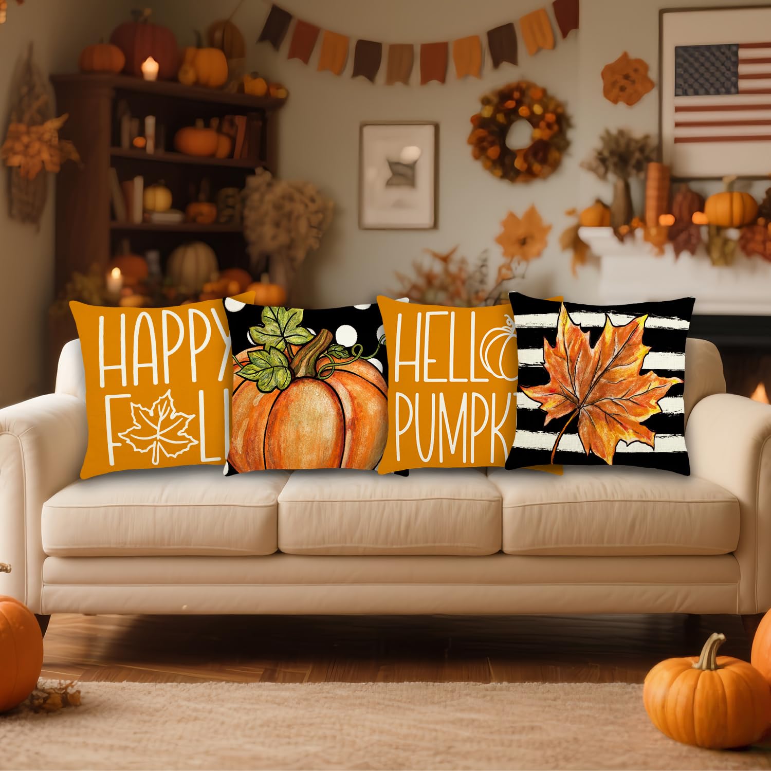 Fall Pillow Covers 18x18 Inch Autumn Pumpkin Maple Leaf Throw Pillowcase Orange Cushion Case for Thanksgiving Home Farmhouse Couch Sofa Bed Indoor Outdoor Decor (Set of 4)