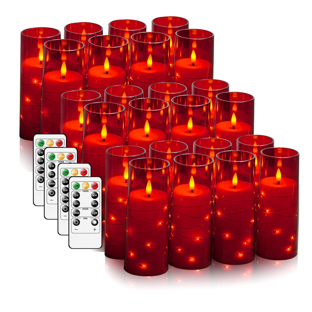 kakoya Flameless LED Candles with Timer 5 Pc Flickering Flameless Candles for Romantic Ambiance and Home Decoration Stable Acrylic Shell,with Embedded Star String，Battery Operated Candles（Red）