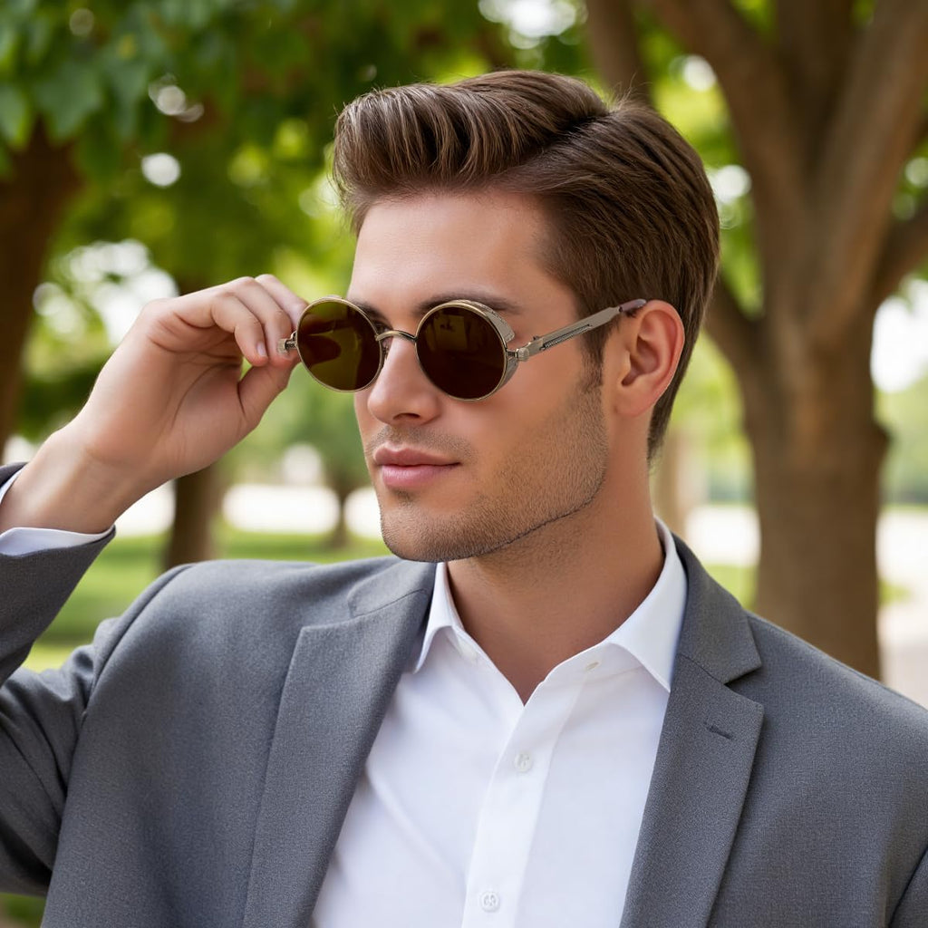 FEISEDY Retro Gothic Steampunk Sunglasses Round Metal Frame Punk Circle Inspired Shade Men B1857