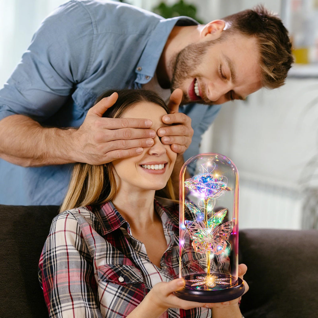 Pusuny Mothers Day Flowers Gifts for Mom Women Birthday Gift Galaxy Glass Rose Forever Eternal Crystal Flowers Rose in Glass Dome with Butterfly Mother's Day Roses Gifts for Mom Daughter Wife Purple