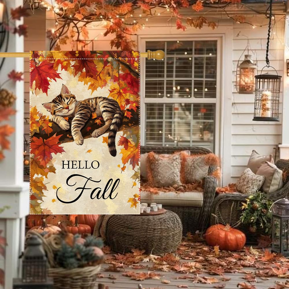 Hello Fall Garden Flag Cat Garden Flags 12x18 Inch Double Sided Vertical Autumn Farmhouse Home Decor Yard Lawn Outdoor Decorations