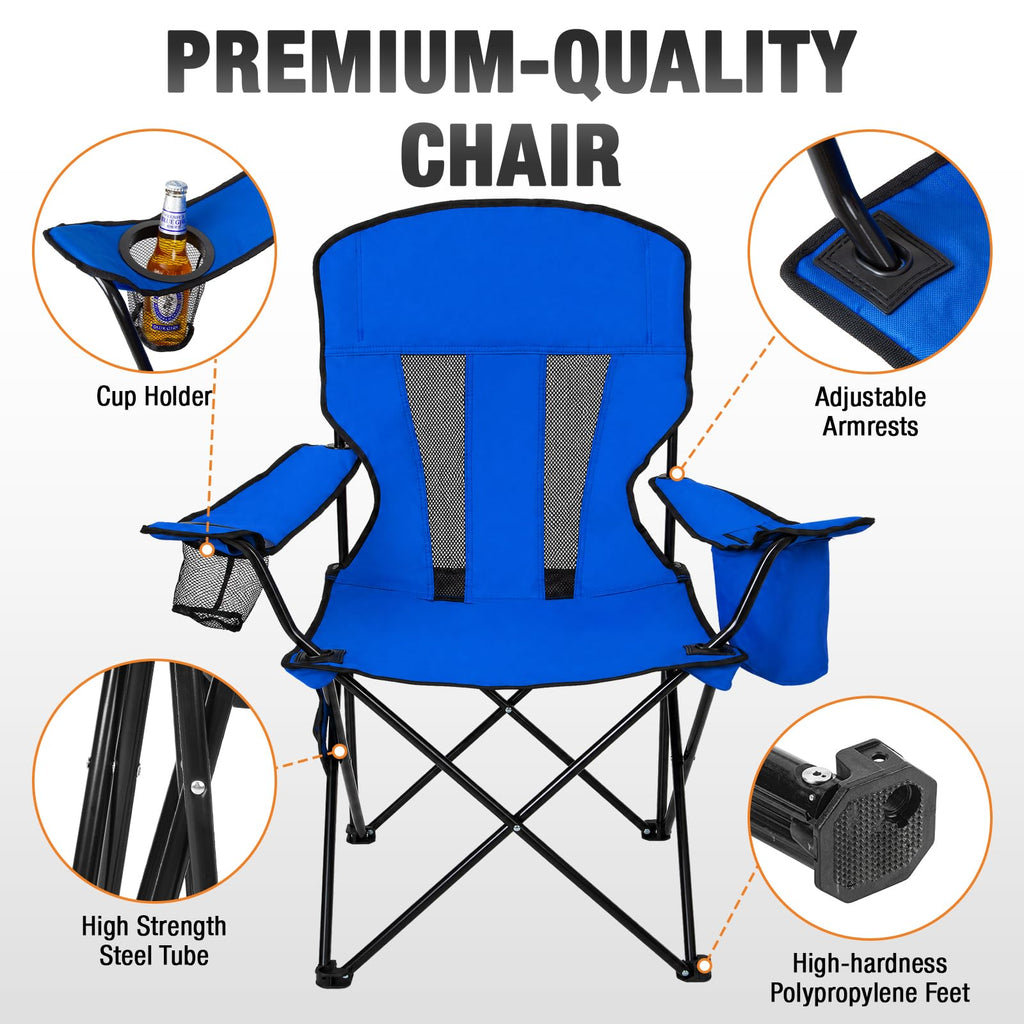 Camping Chairs for Adults 2 Pack, Folding Chair with 4-Can Cooler Bag & Cup Holder, Portable Heavy Duty Outdoor Chair with Mesh Back for Camping, Beach, Lawn, Fishing, Blue
