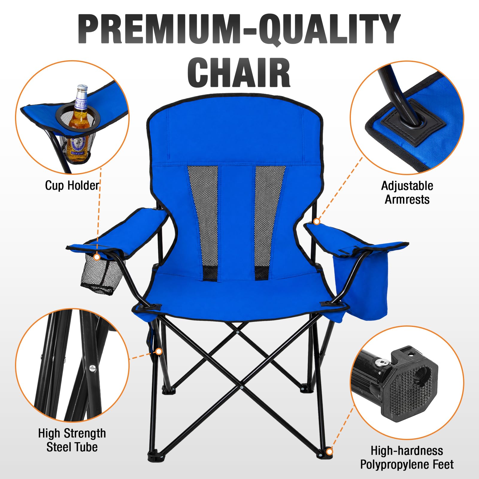 Camping Chairs for Adults 2 Pack, Folding Chair with 4-Can Cooler Bag & Cup Holder, Portable Heavy Duty Outdoor Chair with Mesh Back for Camping, Beach, Lawn, Fishing, Blue