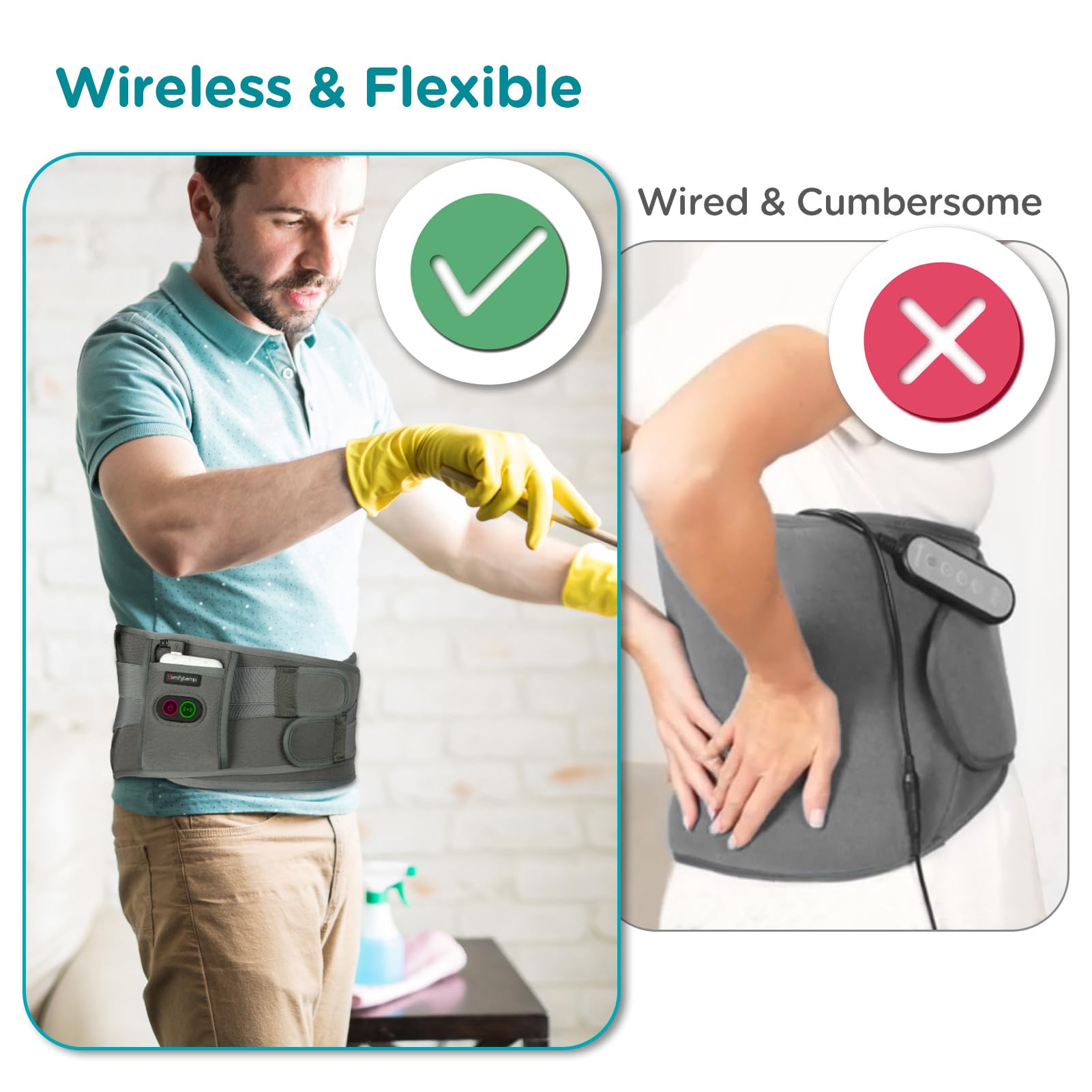 Comfytemp Cordless Heating Pad with Massager for Back, Fathers Day Dad Gifts for Men, FSA Eligible HSA Portable Lower Back Massager Rechargeable Wireless Electric, Women Mom Seniors 3 Heat 30mins Off