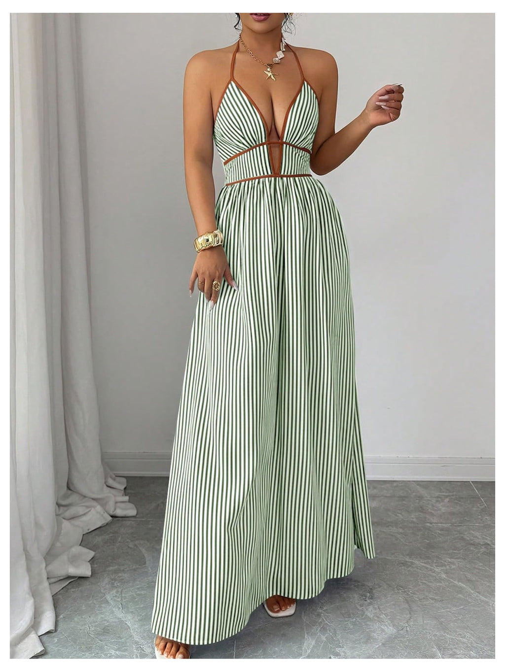 Floerns Women's Striped Halter Maxi Dress Backless Smocked Beach Vacation Boho Dress