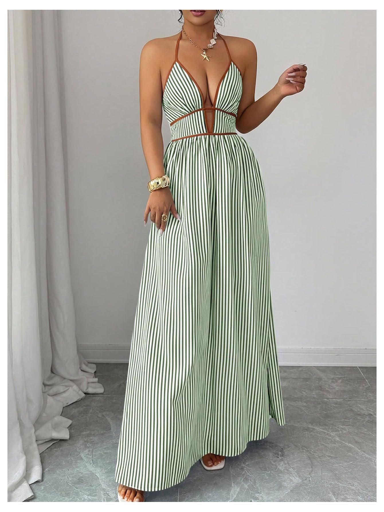 Floerns Women's Striped Halter Maxi Dress Backless Smocked Beach Vacation Boho Dress