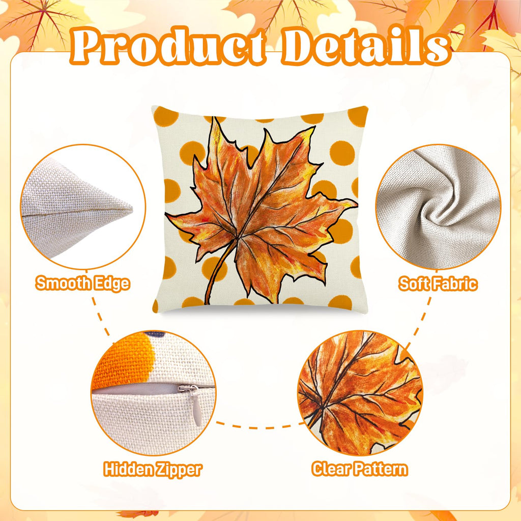 Fall Pillow Covers 18x18 Inch Autumn Pumpkin Maple Leaf Throw Pillowcase Orange Cushion Case for Thanksgiving Home Farmhouse Couch Sofa Bed Indoor Outdoor Decor (Set of 4)
