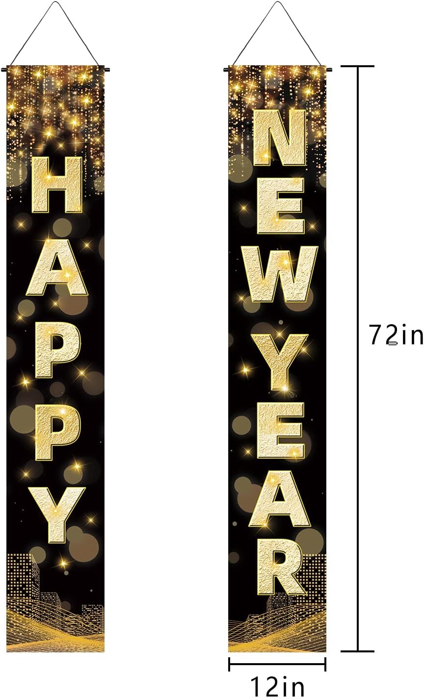 Labeol Happy New Year Banner, 72 x 12 Inch Large Front Door Porch Sign Hanging Banner Decorations New Years Eve Party Supplies 2025, Happy 2025 Decorations for Outdoor Indoor Home Wall