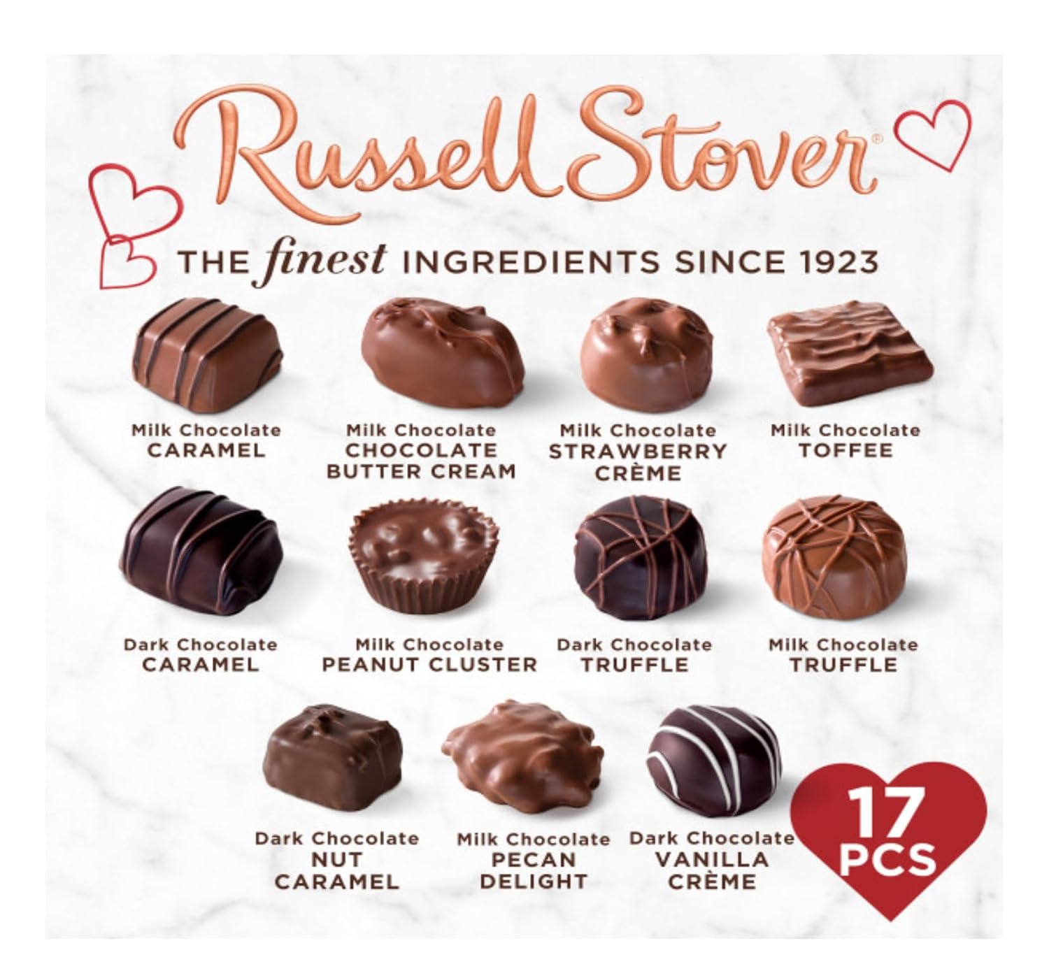 Russell Stover Valentine's Day Red Foil Heart - Assorted Milk and Dark Chocolate - 17 Pieces Per Box - Great For Sharing with Friends and Family