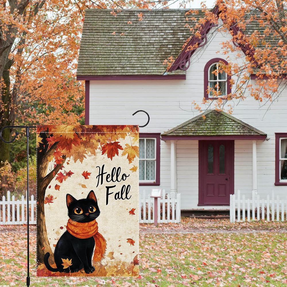 Hello Fall Garden Flag Cat Garden Flags 12x18 Inch Double Sided Vertical Autumn Farmhouse Home Decor Yard Lawn Outdoor Decorations