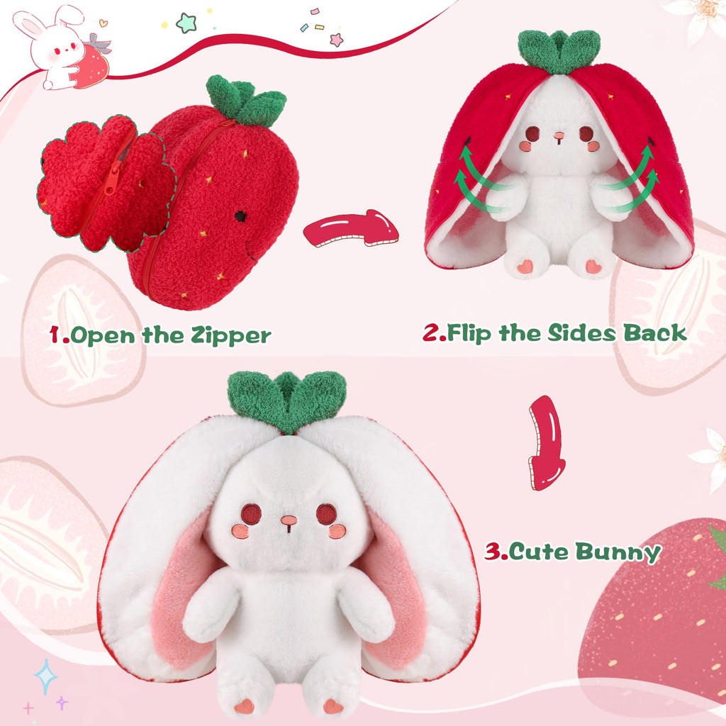 MIAODAM Bunny Stuffed Animal Reversible Cuddle Bunny Stuffed,Strawberry Bunny Transformed Rabbit Plush Zipper,Turns Into Ears Bunnies Plushies Toy Cute Stuffy Doll Easter