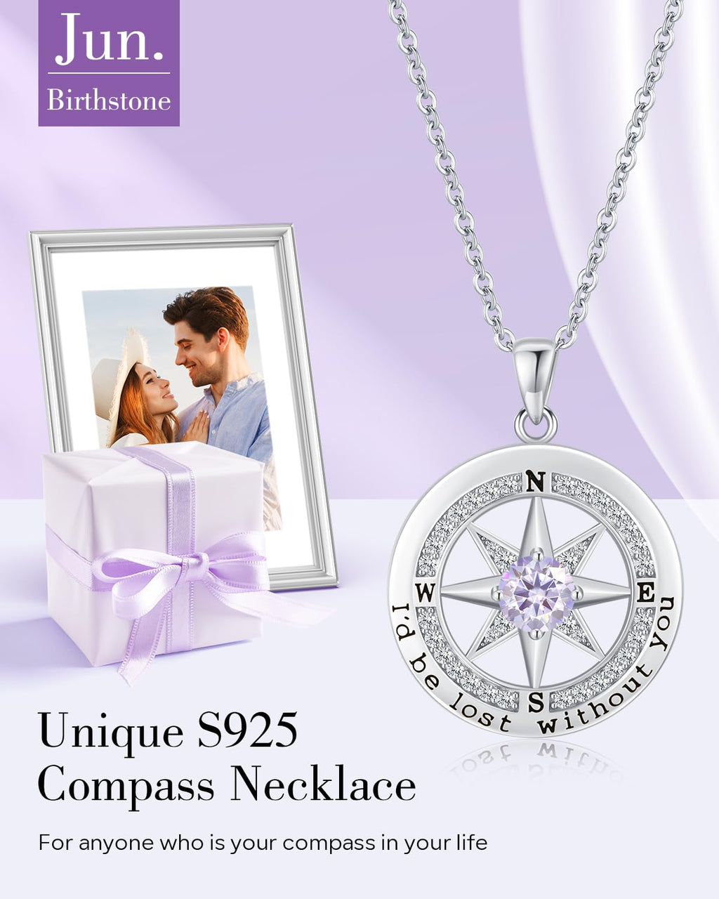 S925 Necklace Gift for Wife |Compass Jewelry |Women Anniversary |Sterling Silver |Girlfriend Birthday Gifts for Her Valentines |I'd be Lost without You |Jewel 18K Gold